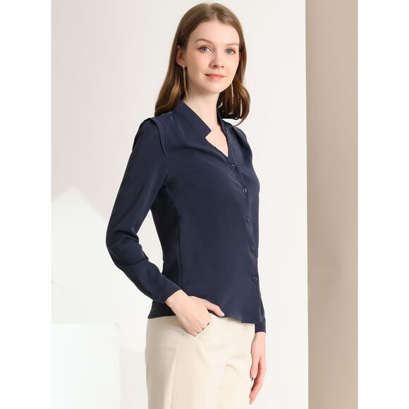 Blouse Button Up Long Sleeve V Neck Chiffon Shirt Navy Blue - Picture 4 of 6